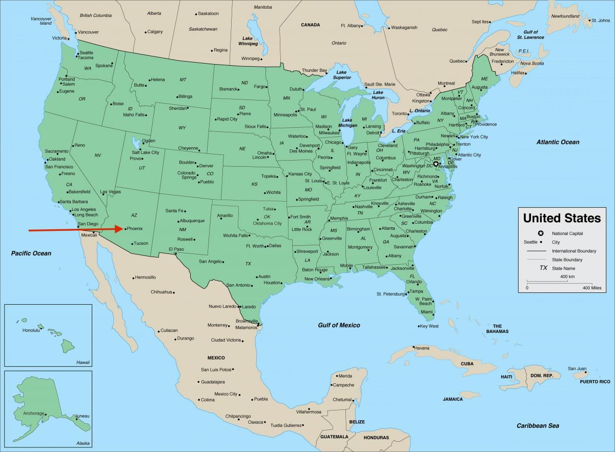Phoenix op de kaart van Arizona - VS